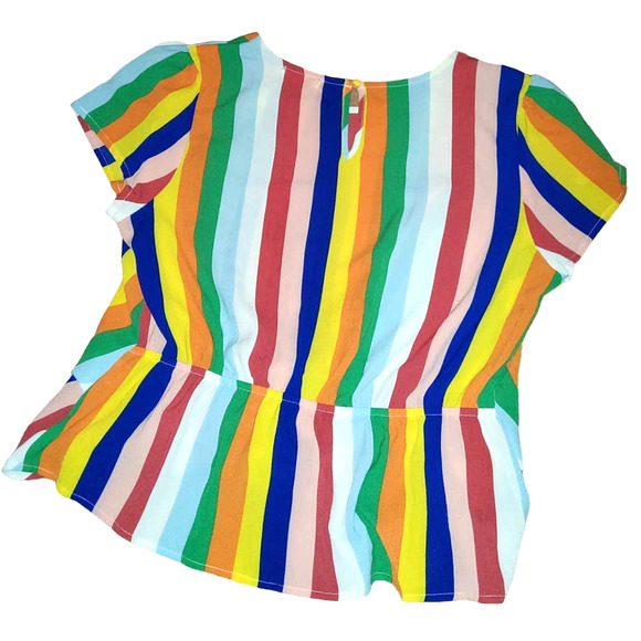 GUC Blu Pepper Rainbow Stripe Blouse Tie Front Flutter Sleeve Size Large (0252) - Picture 2 of 4
